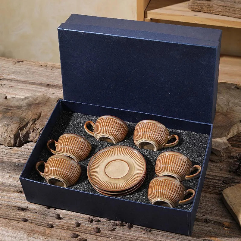 Ceramic Espresso Cups and Saucers Set of 6, Vintage Stripe, view 5