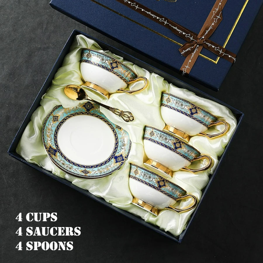Porcelain Coffee Cup and Saucer Gift Set Ornate Teal and Gold in 4 Cups Set