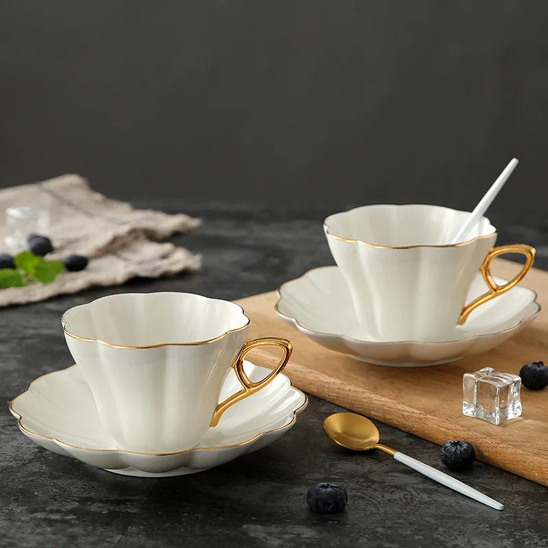 Porcelain Coffee Cup and Saucer Set White Petal Gold Rim, view 7