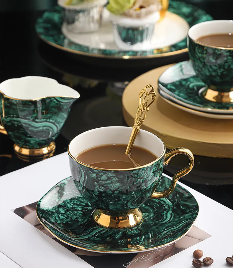 Bone China Coffee Cup and Saucer Malachite Green Gold Trim, view 3