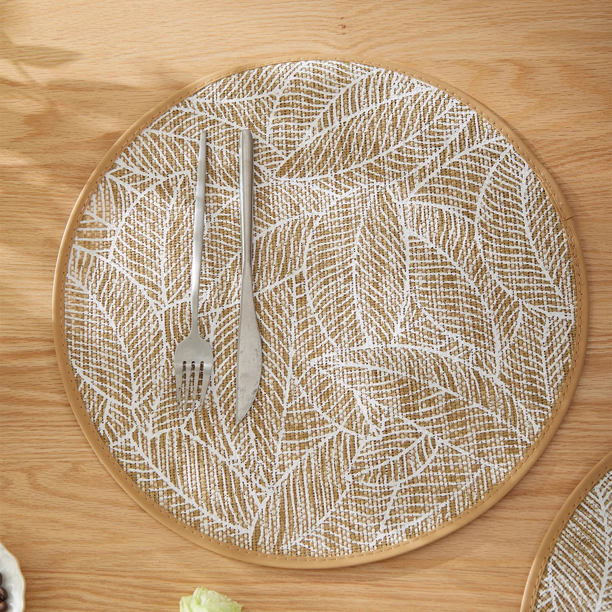 Round Linen Table Mats, Bohemian Leaf Print, Set of 6, view 4