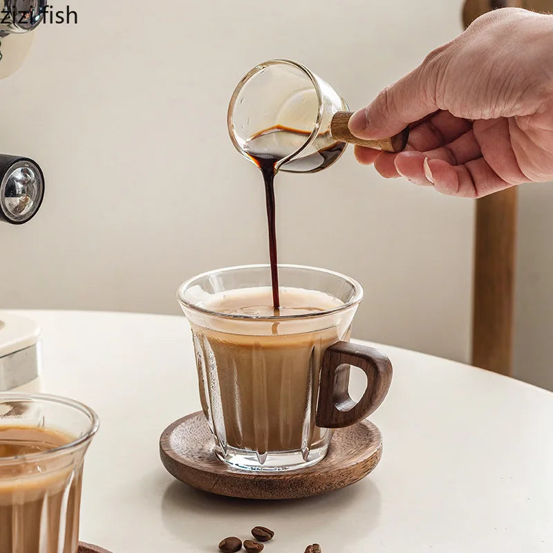 Glass Coffee Cup, Saucer and Spoon Set, Wooden Handle, 200 ml