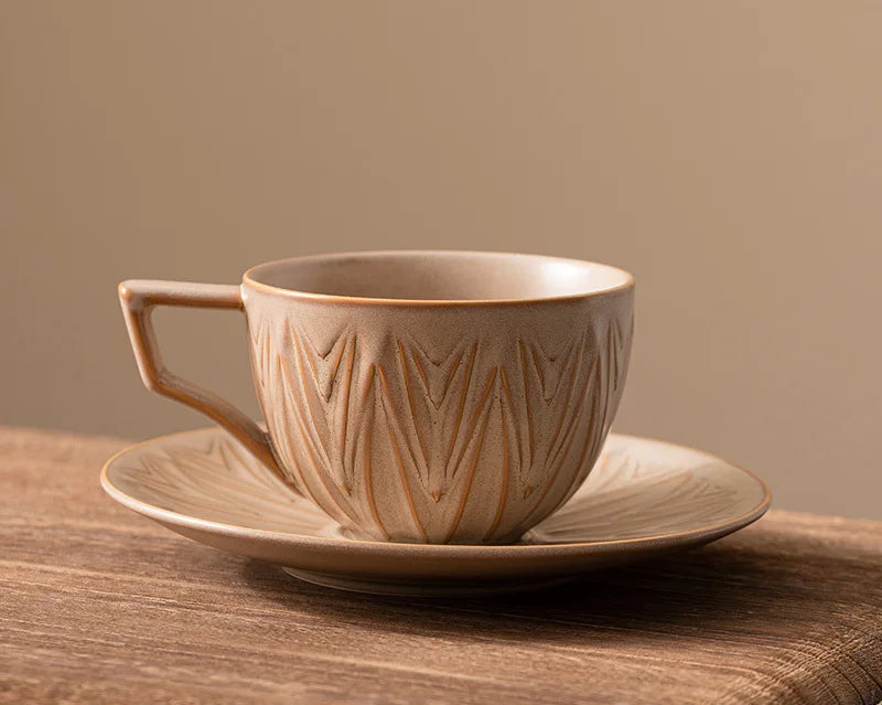 Ceramic Coffee Cup and Saucer 200 ml Carved Leaf Texture, view 6