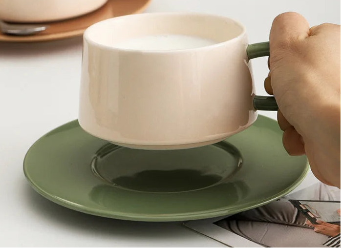 Ceramic Coffee Cup and Saucer Set Cream and Sage Two Tone, view 2