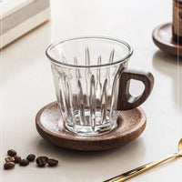 Glass Coffee Cup Saucer and Spoon Set with Wooden Handle