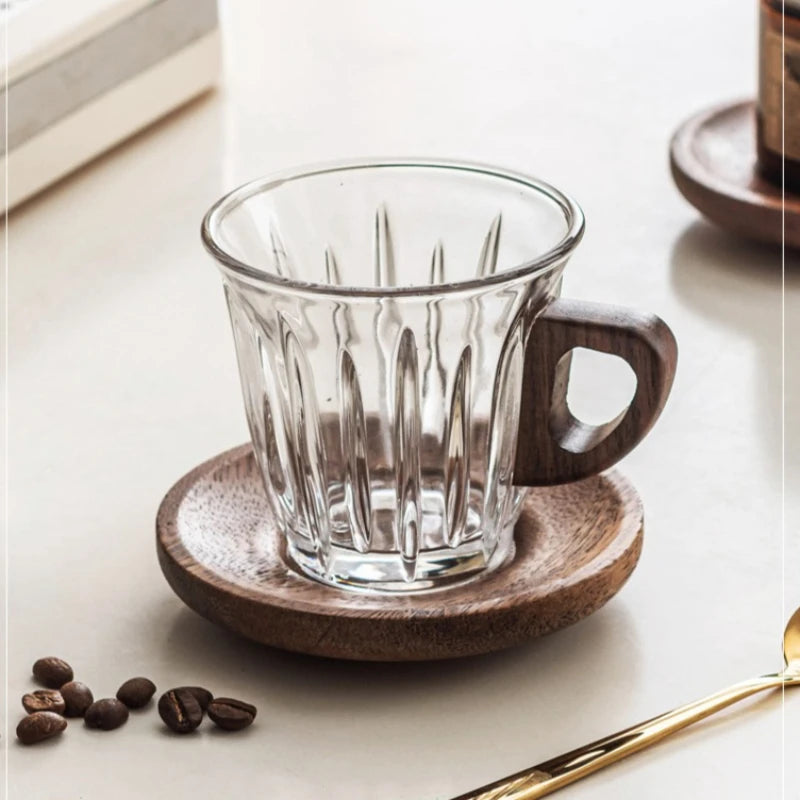 Glass Coffee Cup, Saucer and Spoon Set, Wooden Handle, 200 ml in Clear Glass