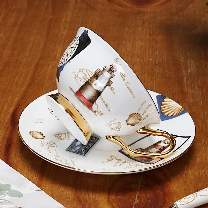 Bone China Coffee Cup and Saucer 250 ml Nautical Gold Handle, view 2