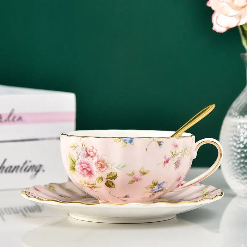 Ceramic Tea Cup and Saucer Set 220 ml Floral with Gold Spoon in Pink