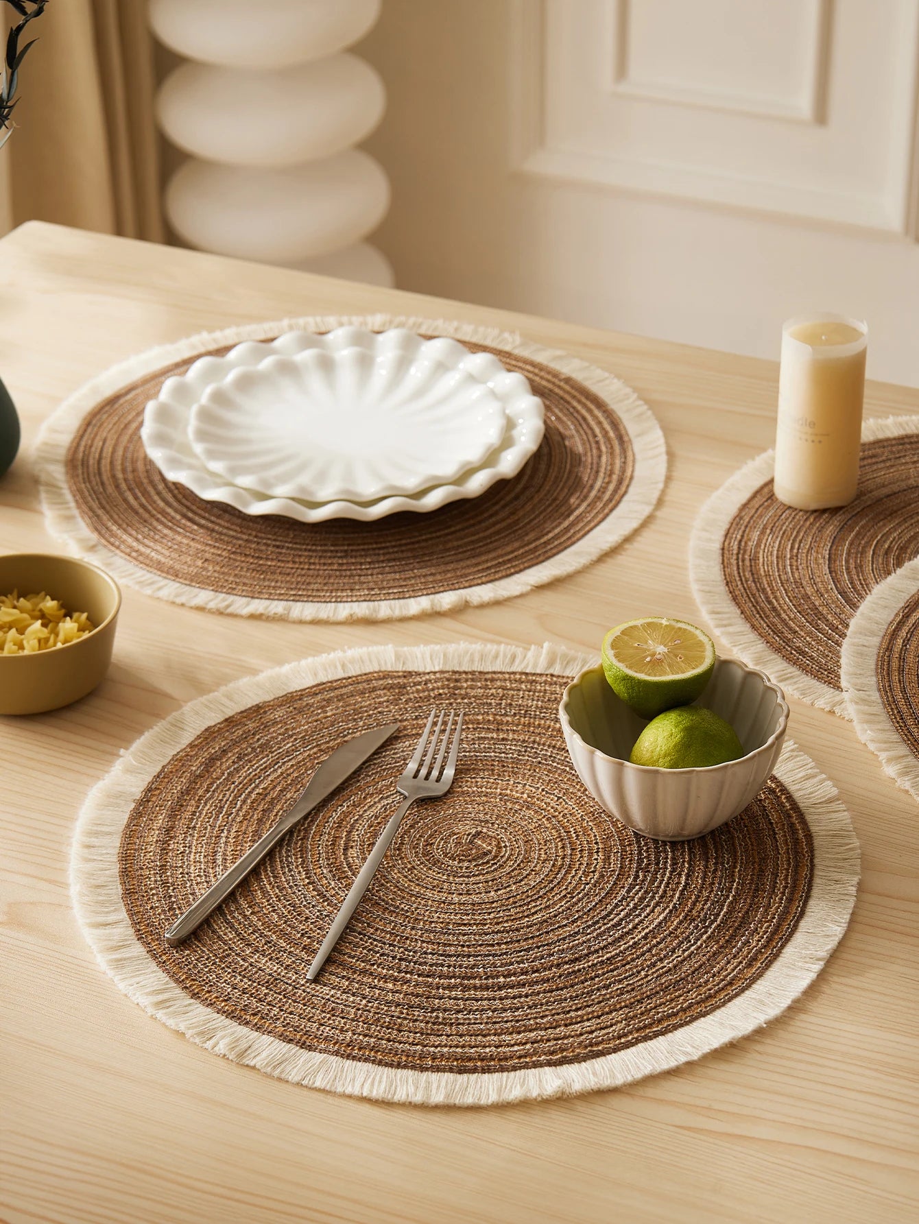 Round Woven Table Placemats Natural Tone 4 Pieces