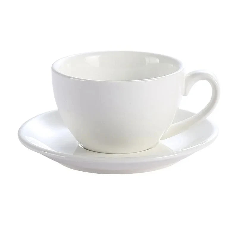 Porcelain Latte Cup and Saucer Set, Wide Rim for Latte Art in White