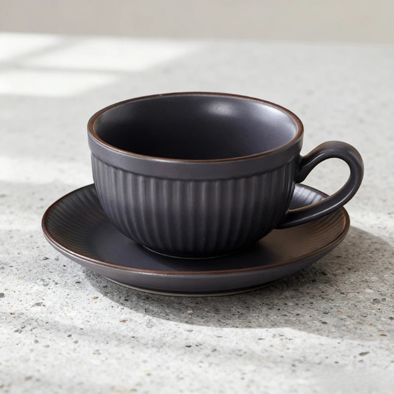 Ceramic Latte Cup and Saucer Set, Ribbed Design, 300 ml, view 10
