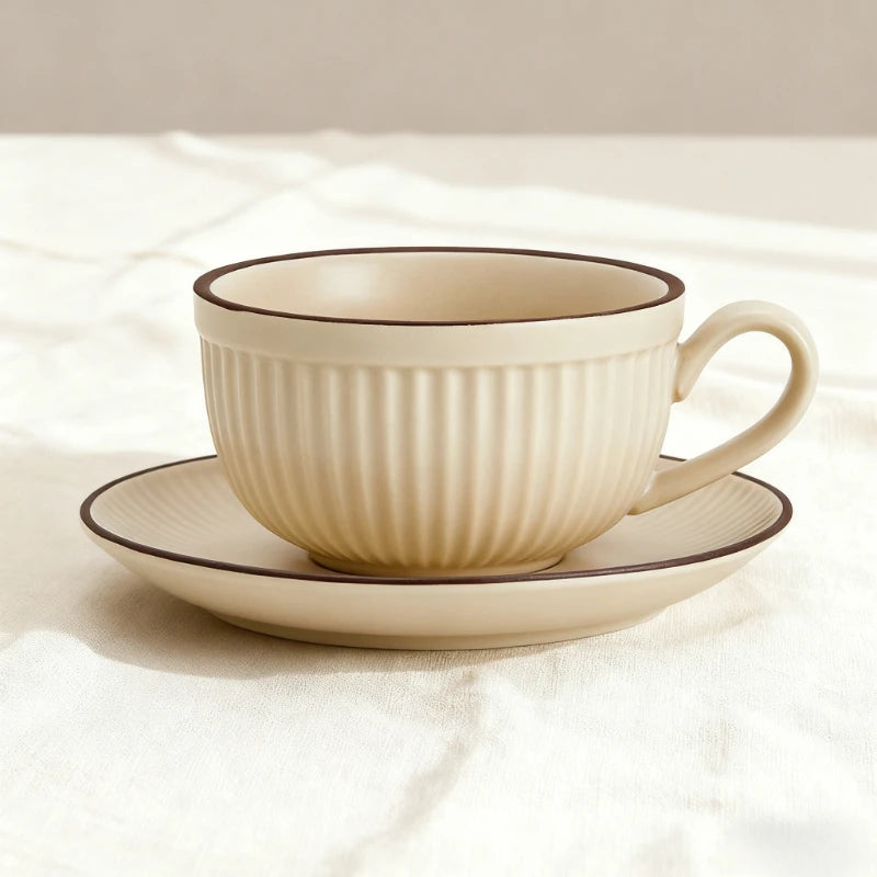 Ceramic Latte Cup and Saucer Set, Ribbed Design, 300 ml, view 4