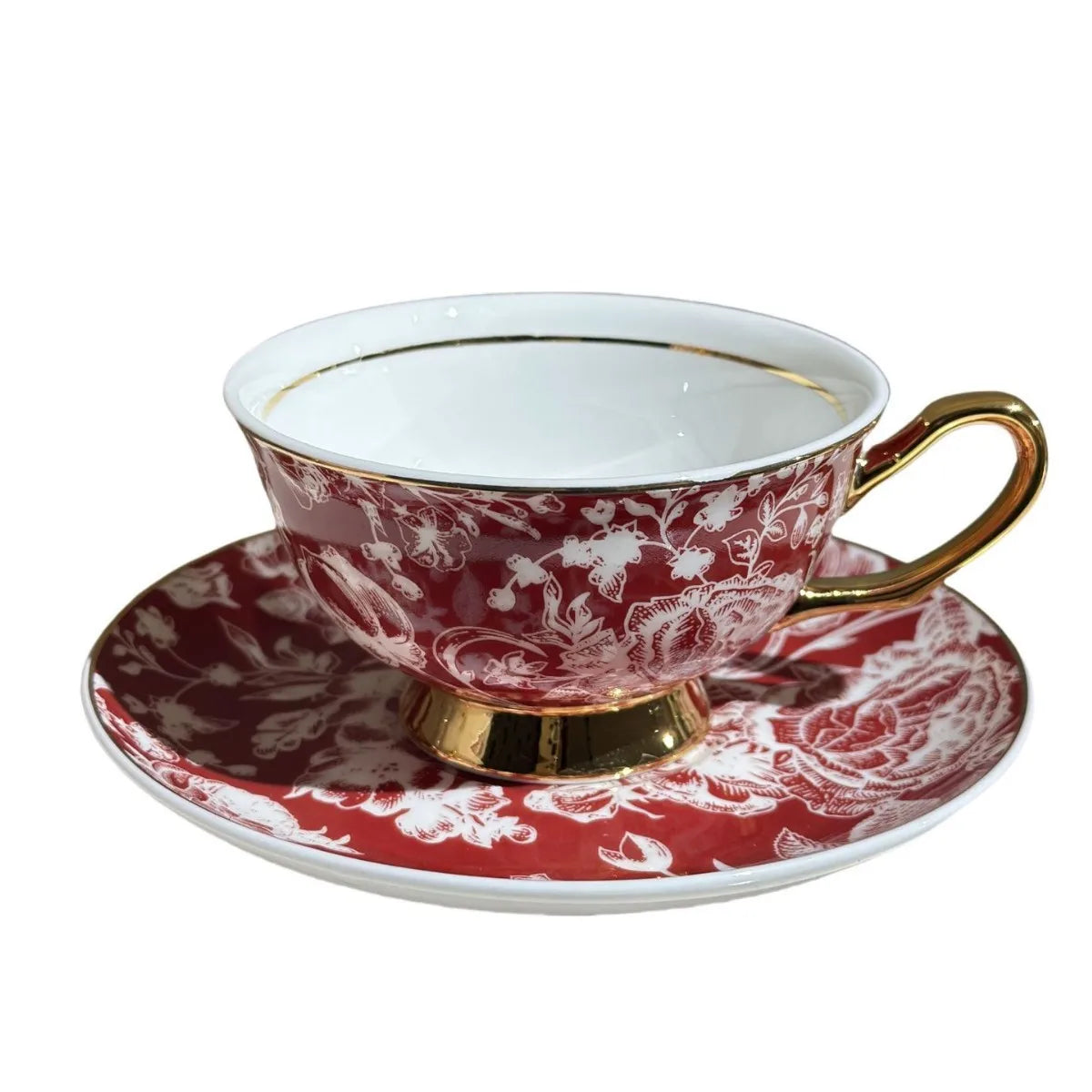 Bone China Tea Cup and Saucer 240 ml Red Floral Gold Trim in Crimson