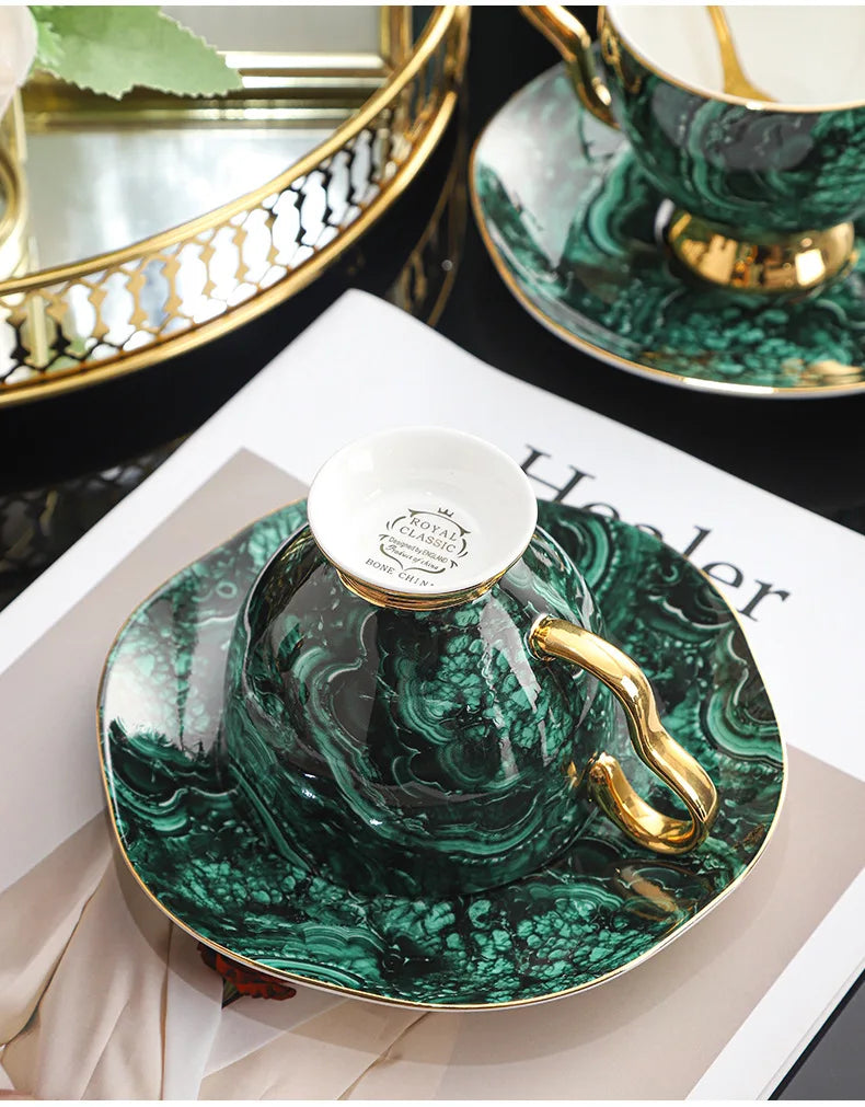Bone China Coffee Cup and Saucer Malachite Green Gold Trim, view 4