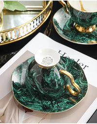 Bone China Coffee Cup and Saucer Malachite Green Gold Trim
