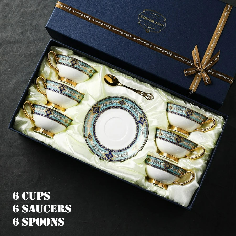 Porcelain Coffee Cup and Saucer Gift Set Ornate Teal and Gold in 6 Cups Set