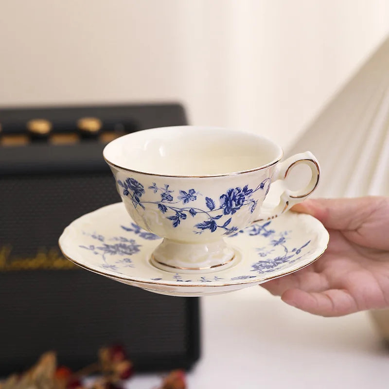 Porcelain Tea Cup and Saucer 225 ml Blue Floral Gold Rim in Blue