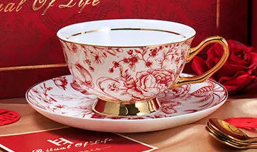 Bone China Tea Cup and Saucer 240 ml Red Floral Gold Trim, view 6