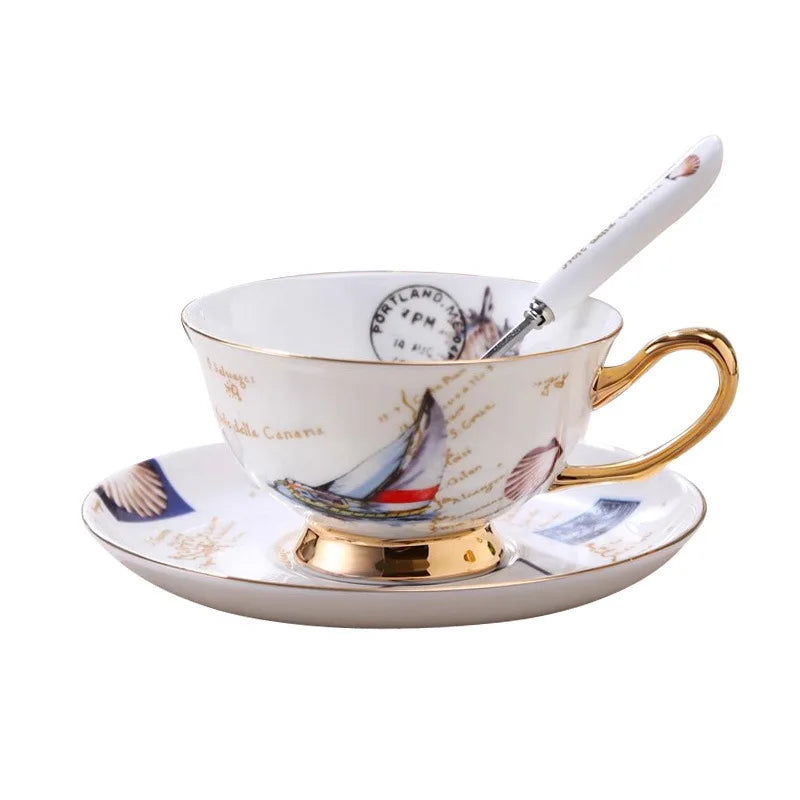 Bone China Coffee Cup and Saucer 250 ml Nautical Gold Handle in Sailboat