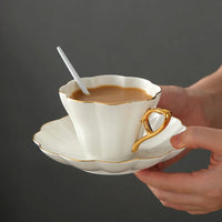 Porcelain Coffee Cup and Saucer Set White Petal Gold Rim