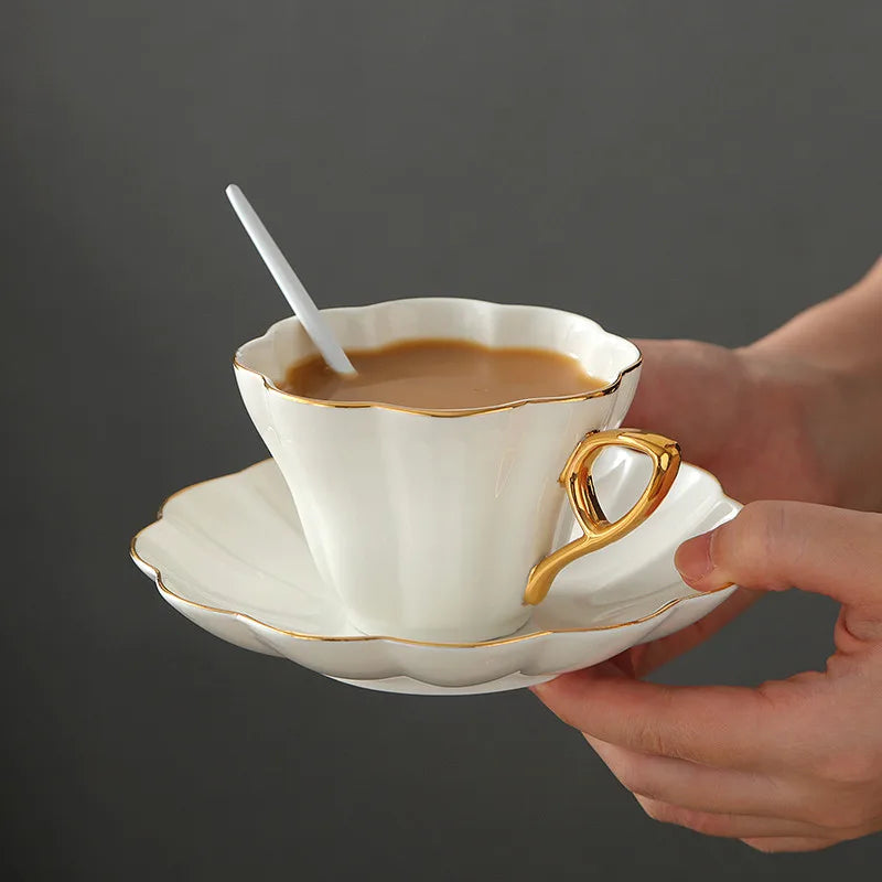 Porcelain Coffee Cup and Saucer Set White Petal Gold Rim, view 3