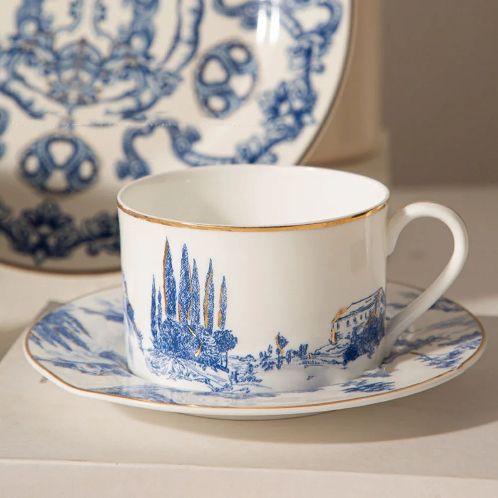 Ceramic Turkish Coffee Cups with Saucer 180 ml Blue and White, view 7