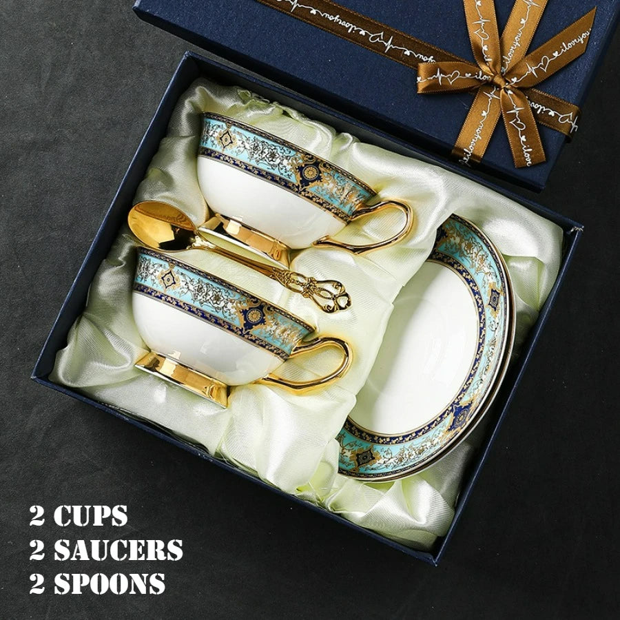 Porcelain Coffee Cup and Saucer Gift Set Ornate Teal and Gold in 2 Cups Set