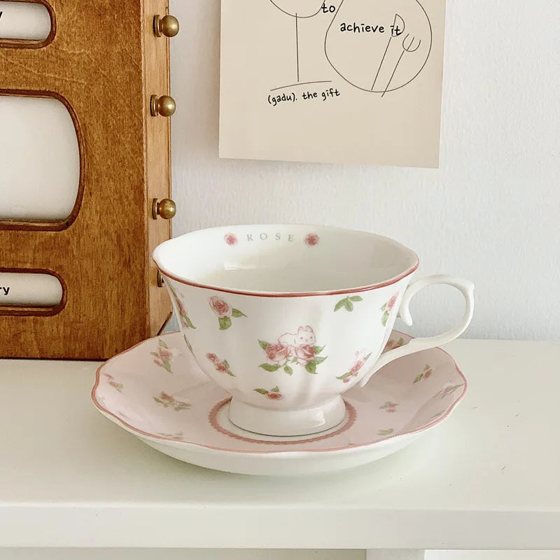 French Pink Rabbit Coffee Cup and Saucer Set