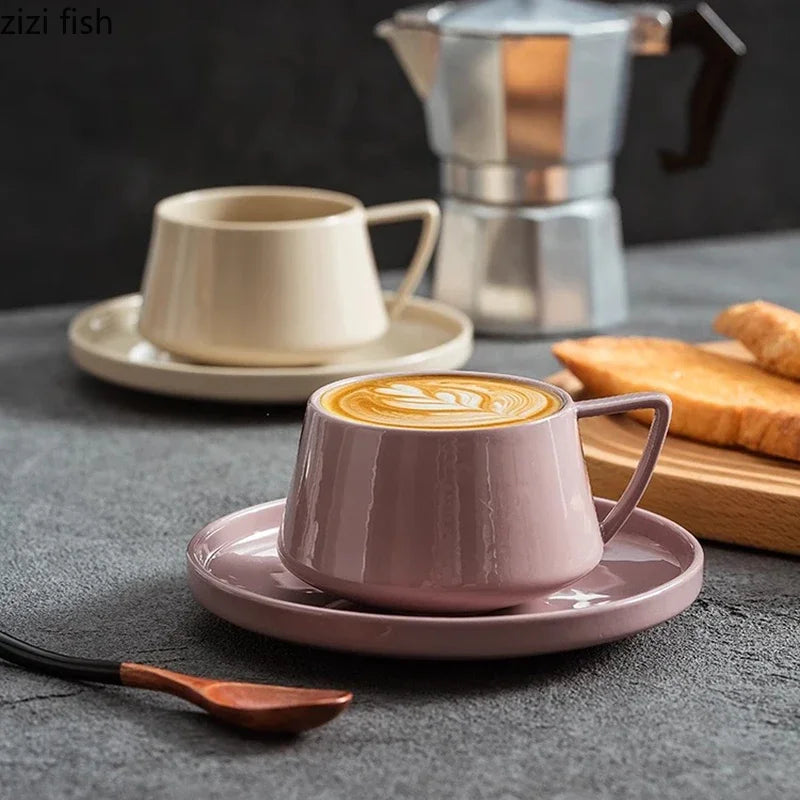 Ceramic Latte Cup and Dish Set 220 ml Modern Tapered Design, view 10