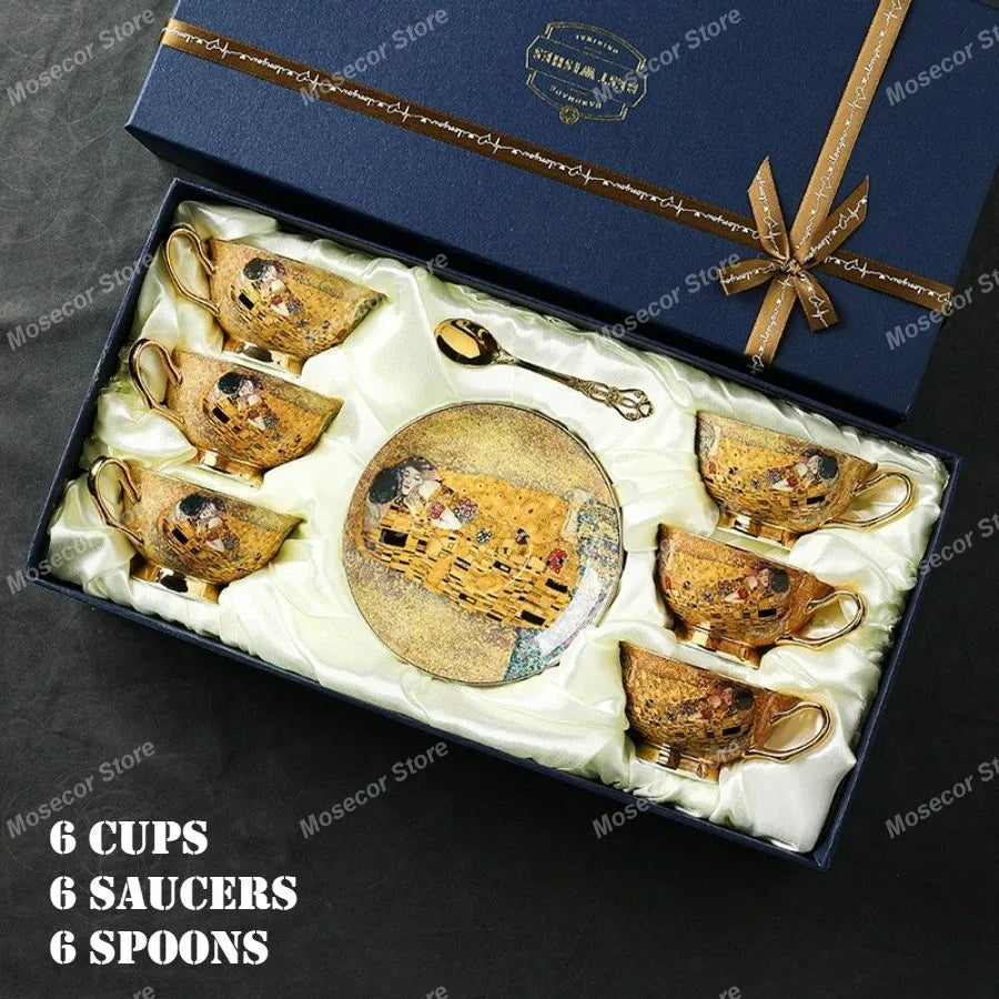 Bone China Coffee Cup and Saucer Gift Set Klimt Gold Art in 6 Cups Set