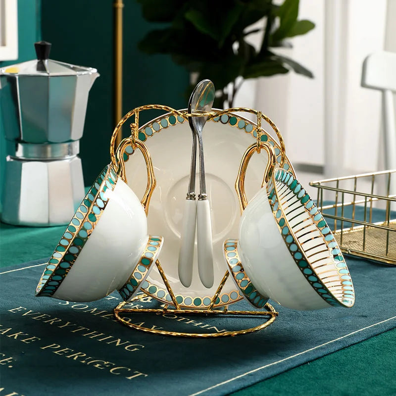 Bone China Coffee Cups Set for 2, With Spoons and Stand, view 2