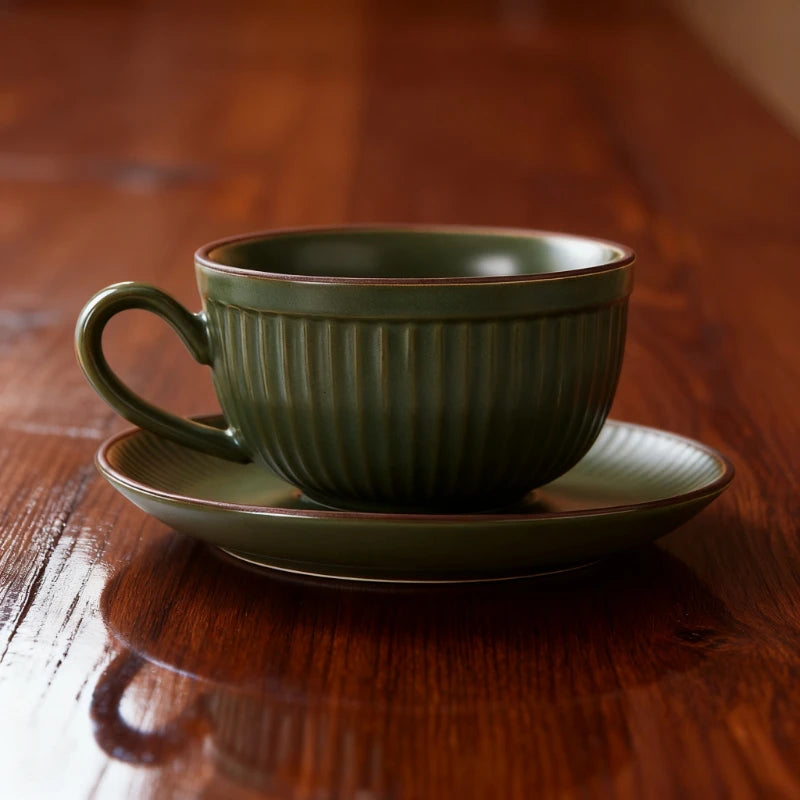 Ceramic Latte Cup and Saucer Set, Ribbed Design, 300 ml, view 8