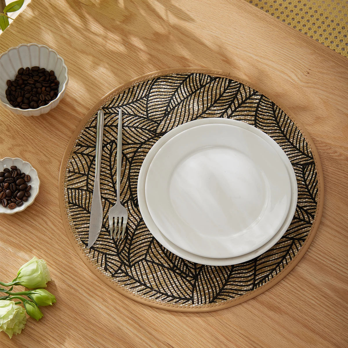 Round Linen Table Mats, Bohemian Leaf Print, Set of 6, view 7