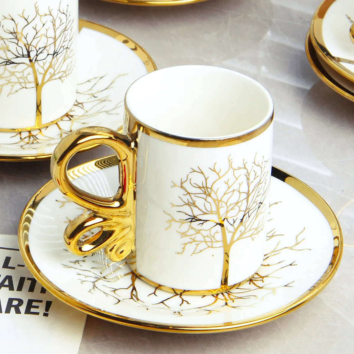 White Ceramic Coffee Cups and Saucers Set of 6, Gold Detail, 200 ml, view 4