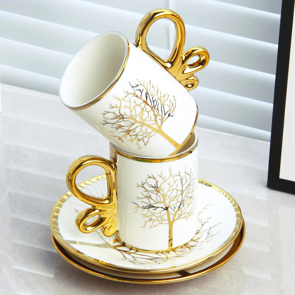 White Ceramic Coffee Cups and Saucers Set of 6, Gold Detail, 200 ml, view 6