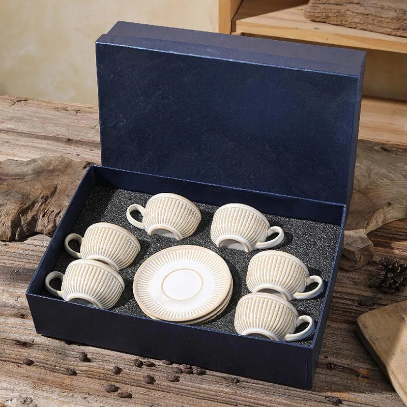 Ceramic Espresso Cups and Saucers Set of 6, Vintage Stripe, view 11