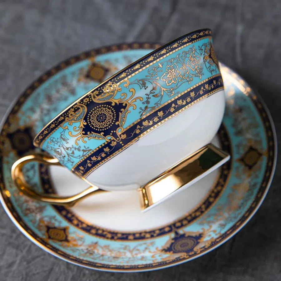 Porcelain Coffee Cup and Saucer Gift Set Ornate Teal and Gold, view 3