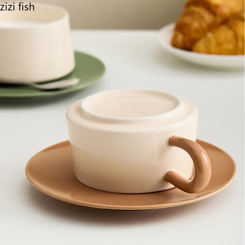 Ceramic Coffee Cup and Saucer Set Cream and Sage Two Tone, view 8