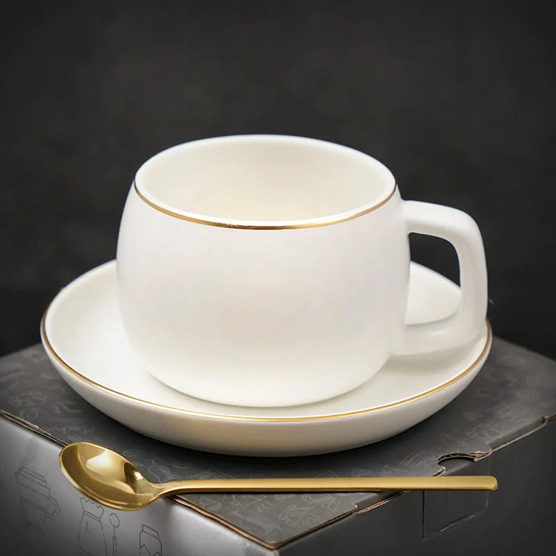 Porcelain Coffee Cup, Saucer and Spoon Set, Matte Gold Rim, view 4