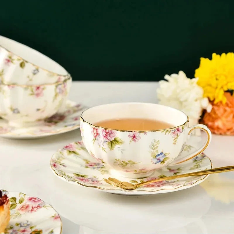 Ceramic Tea Cup and Saucer Set 220 ml Floral with Gold Spoon, view 6