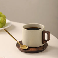 Ceramic Coffee Cup with Walnut Handle and Wood Saucer 300 ml