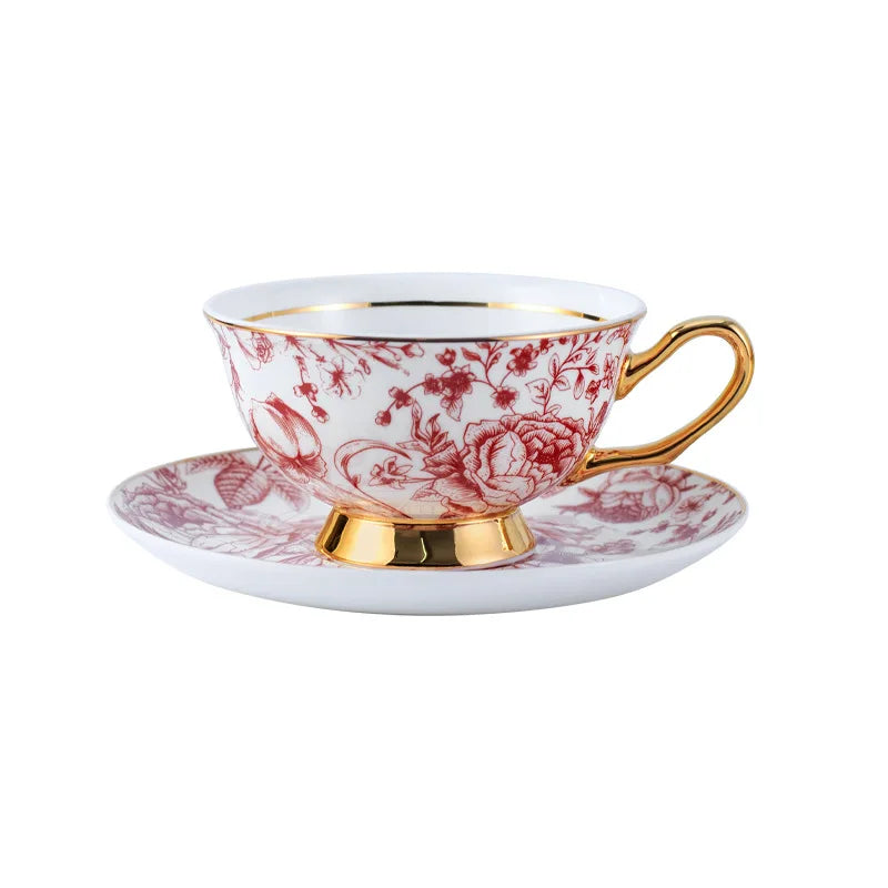Bone China Tea Cup and Saucer 240 ml Red Floral Gold Trim in Ivory