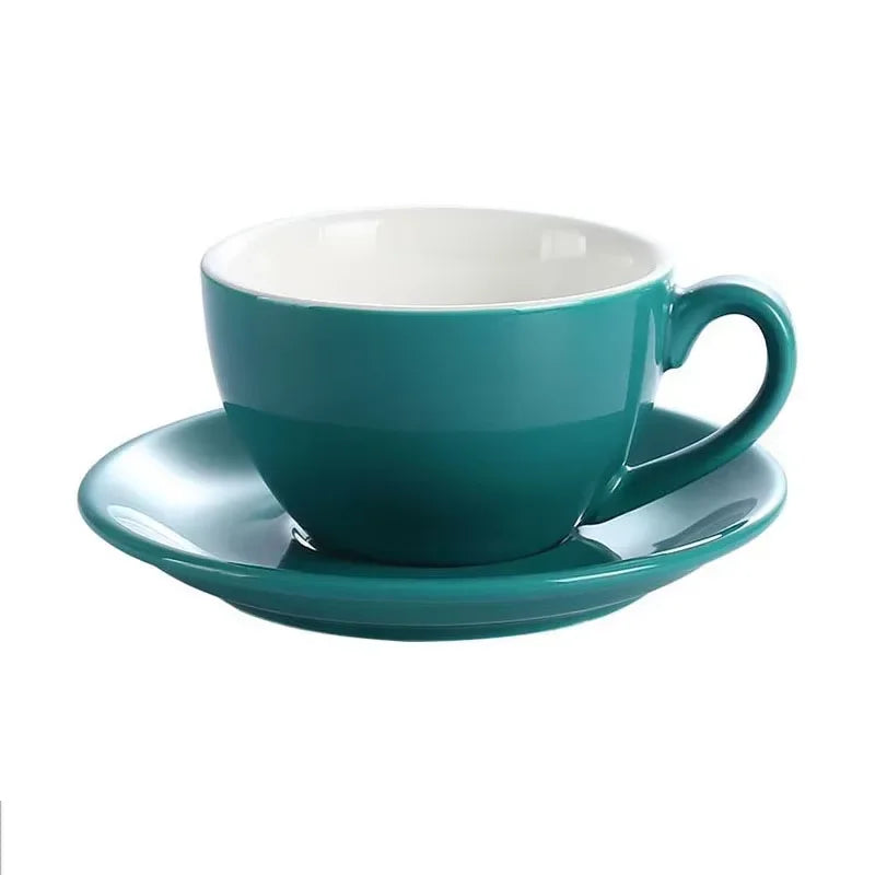 Porcelain Latte Cup and Saucer Set, Wide Rim for Latte Art in Blue