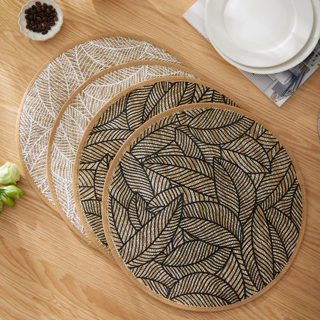 Round Linen Table Mats, Bohemian Leaf Print, Set of 6
