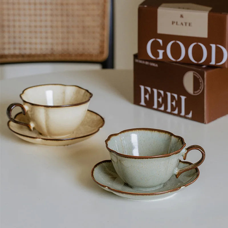Kiln Glazed Ceramic Coffee Cup and Saucer 280 ml Retro, view 9