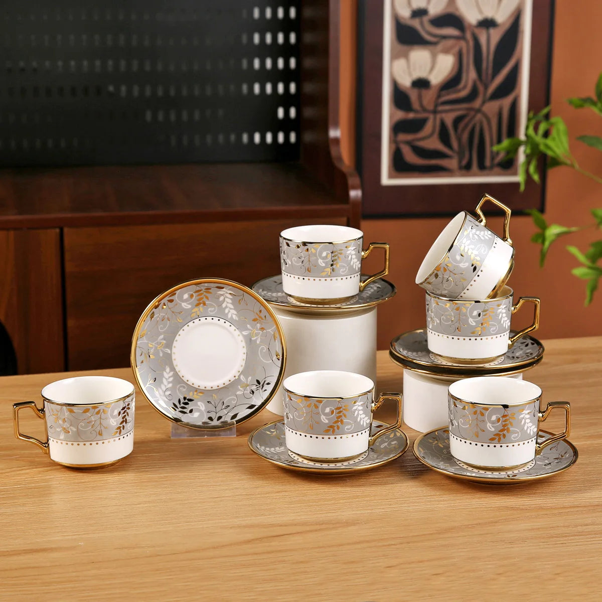 French Retro Ceramic Coffee Cup Set (6 Piece)