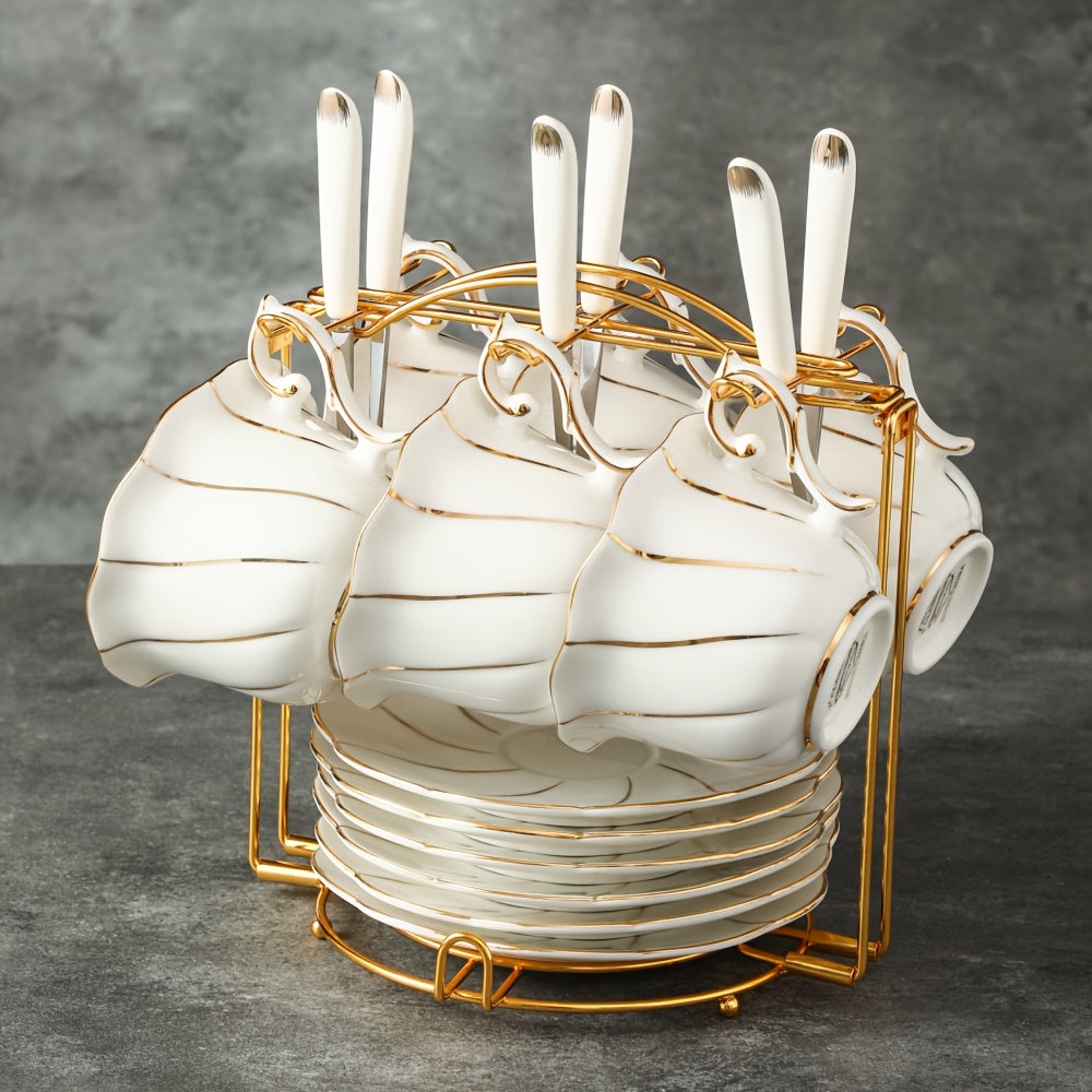 Coffee Cups, Saucers, Spoons and Display Rack Set for 6