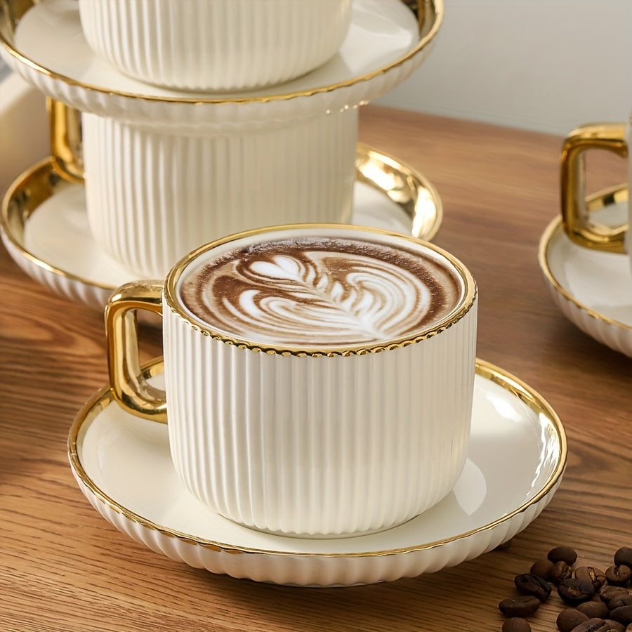 Ribbed Ceramic Coffee Cup and Saucer, Gold Rim, 300 ml in White