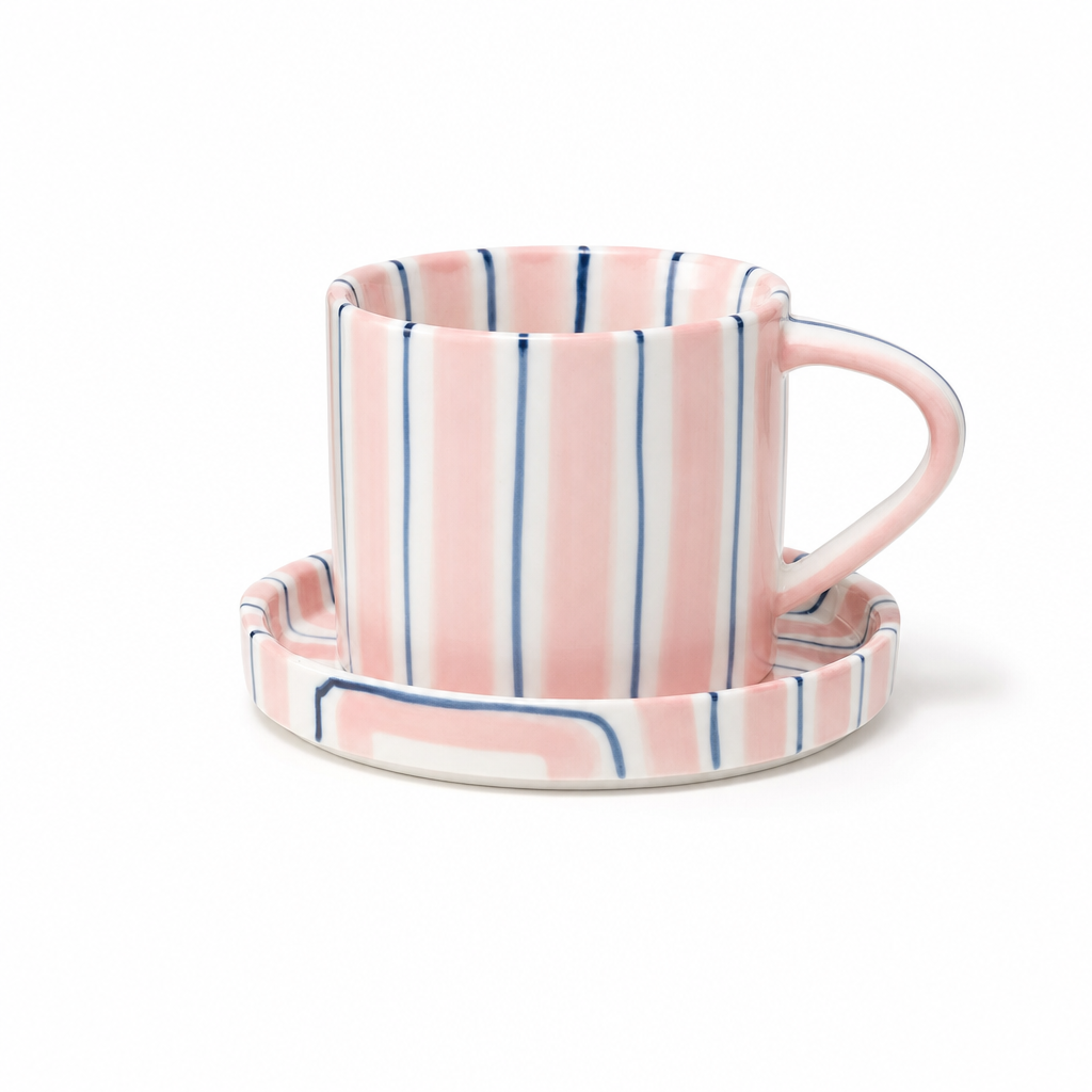 Striped Ceramic Coffee Cup and Saucer — Pink
